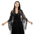 Elegante chal de encaje negro con bordado de lentejuelas y flecos para vestidos de fiesta. - Negro