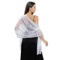Elegant white sheer wedding shawl with large sequin peony embroidery for brides - White