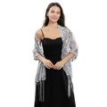 Elegante chal bordado con lentejuelas grises y flecos largos para bodas y vestidos de noche - Plateado