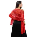 Elegant red evening shawl featuring large peony floral sequin embroidery patterns - Red