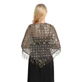 Detailed back view of elegant gold sequined triangle shawl with hanging tassels - Black and Gold
