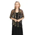 Elegant black evening shawl with gold peacock sequins and tassel fringe detail - Black and Gold