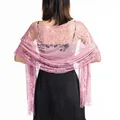 Back view detail of pink floral hollow lace shawl with elegant fringe and tassels - Dusky Pink