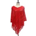 Detailed view of red knitted poncho shawl featuring openwork patterns and tassels. - Tops / Red