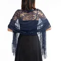 Close-up of elegant navy blue lace shawl with fringe on back of black dress. - Navy Blue