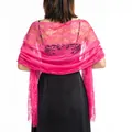Detailed back view of hot pink floral lace shawl with fringe for bridal and evening dresses - Rose Red