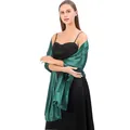 Detailed view of elegant dark green satin shawl wrap draped over a formal evening gown - Dark Green