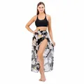 Elegant floral print beach wrap skirt featuring a tie-waist and a high side slit - Bottoms / Black Floral
