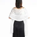 Detailed back view of elegant white silky shawl for bridal gown or evening party - White
