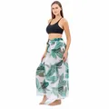 Plus size white beach wrap skirt with tropical green leaf print for women - Bottoms / White Base Green Leaf