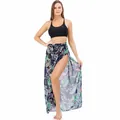 Tropical leaf print long beach wrap skirt sarong cover-up in navy blue - Bottoms / Navy with Leaf Pattern