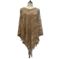 Bohemian brown knitted poncho cape with fringe tassels and geometric hollow patterns - Tops / Khaki