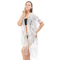 Gedetailleerd overzicht van witte wilgenblad kant bikini cover-up met lange kwastjes - Tops / Wit