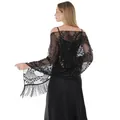 Elegant black sequined peacock tail embroidered shawl with fringes for evening party dresses - Black