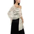 Elegant off-white sheer shawl with golden peony sequin embroidery for evening dresses - Beige