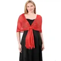 Close-up detail of a sparkling red metallic shawl with fringe and buckle on a dress - Red