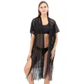 Elegante copricostume da spiaggia in pizzo nero con motivo a onde e frange - Taglia unica / Top / Nero