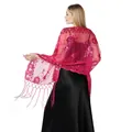 Elegante fuchsia avondsjaal van mesh met luxe paillettenborduursel en lange franjes - Rozerood