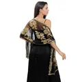 Elegant black mesh shawl with gold sequin peony embroidery for evening dresses - Black+Gold
