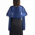 Back view of a navy blue satin shawl wrap for elegant evening dresses and parties - Navy Blue