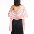 Back view of pink satin shawl draped elegantly over shoulders - Pink