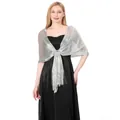 Elegant silver metallic thread shawl with tassels and ring buckle for evening party dresses - Silver