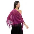 Elegant magenta lace triangular shawl with floral embroidery and long fringes for women - Purple