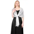 Elegant silver metallic shawl with fringe and buckle detail for evening party dresses. - White