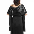 Detailed back view of an elegant black satin shawl wrap for formal evening parties - Black