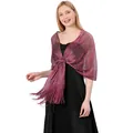 Elegant burgundy metallic shawl with fringe detail and decorative ring buckle for evening wear - Rose Purple