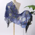 Elegant blue sequin embroidered peacock shawl with black tassels for evening gowns. - Black+Blue