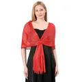Elegant red metallic silk shawl with tassel and buckle for wedding and party wear - Red