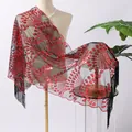 Elegant red sequin peacock tail fringe shawl wrap for evening party gowns and dress - Black + Red