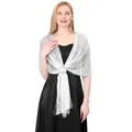 Elegant silver metallic shawl wrap with fringe and rhinestone buckle for evening dresses - White