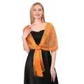 Elegant orange shimmer metallic shawl stole with fringe and buckle for bridal evening party - Orange Red