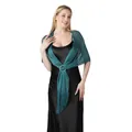 Elegant teal metallic thread shawl with silver buckle and fringe for wedding guest dresses - Teal