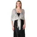 Elegant silver metallic fringe shawl with a gold ring buckle for evening gowns - White With Gold Thread