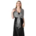 Elegant silver lurex shawl with fringe and buckle for wedding or evening party attire. - Dark Grey with Silver Thread