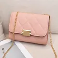 Elegant pink quilted crossbody bag with gold chain strap and secure metal lock closure. - Pink