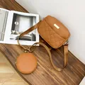 Stylish tan quilted crossbody camera bag with a matching round coin purse attachment - Quilted 2-in-1 Style (L394 with Round Bag) / Brown