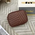Elegant brown quilted faux leather camera bag with a gold chain strap for women. - Coffee