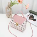 Stylish pink and plaid colorblock crossbody bag with a gold lock for women's fashion - Pink