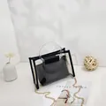 Fashionable transparent two-piece handbag set with gold chain and black inner pouch - Black