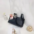 Fashionable navy blue printed handbag with elegant pink silk scarf decoration - Black