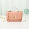 Elegant pink quilted PU leather square bag with gold chain strap and lock closure - Pink