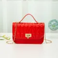 Elegant red quilted PU leather small square bag with gold chain strap and top handle - Red