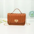 Elegant brown quilted small square bag with gold chain strap and top handle - Tan