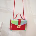 Trendy red quilted women's handbag with iridescent transparent flap and gold metal lock - Iridescent Red (N129) / Red