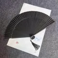 Elegante ventaglio pieghevole in bambù nero con nappa per danza o accessori Hanfu - Stile Piatto Tinta Unita / Lunghezza Impugnatura 21cm / Nero