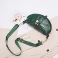 Dark green crocodile texture saddle crossbody bag with adjustable strap and gold hardware - Green